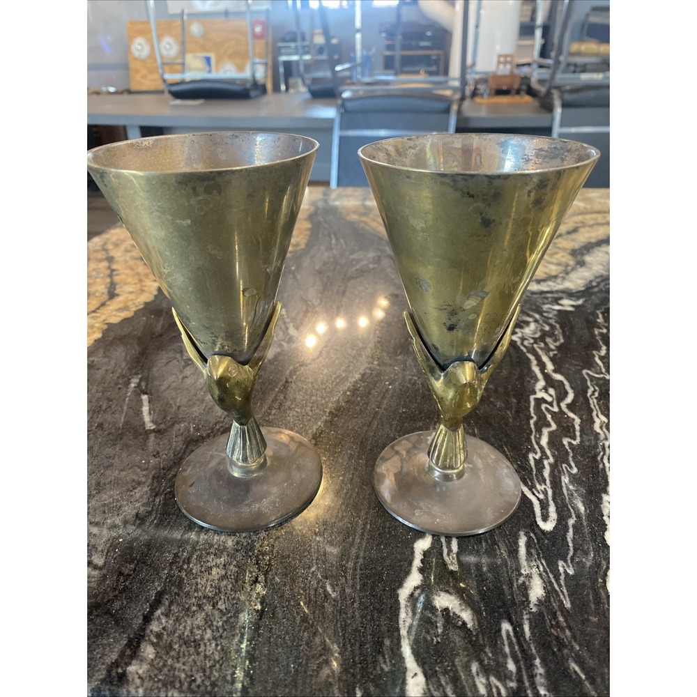 GODINGER Egyptian Revival Heavy Silver Plated & Brass Flute Goblets India Set 2